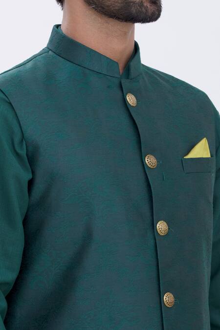 Shop Manish Nagdeo Green Bundi Jacquard, Kurta And Churidar Cotton Silk Floral Embossed & Set Online at Aza Fashions Shop_Manish Nagdeo_Green Bundi Jacquard, Kurta And Churidar Cotton Silk Floral Embossed & Set _Online_at_Aza_Fashions