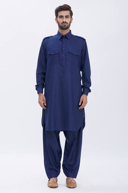 Manish Nagdeo Blue Cotton Silk Pathani Kurta Set Online at Aza Fashions Manish Nagdeo_Blue Cotton Silk Pathani Kurta Set _Online_at_Aza_Fashions