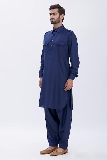 Buy Manish Nagdeo Blue Cotton Silk Pathani Kurta Set Online at Aza Fashions Buy_Manish Nagdeo_Blue Cotton Silk Pathani Kurta Set _Online_at_Aza_Fashions