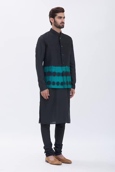 Manish Nagdeo_Black Bundi Art , Kurta And Churidar Cotton Tie Dye & Set _Online_at_Aza_Fashions