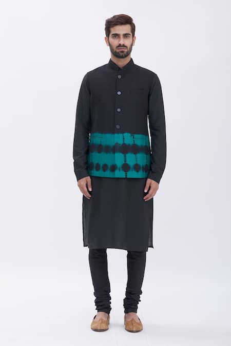 Buy_Manish Nagdeo_Black Bundi Art , Kurta And Churidar Cotton Tie Dye & Set _Online_at_Aza_Fashions