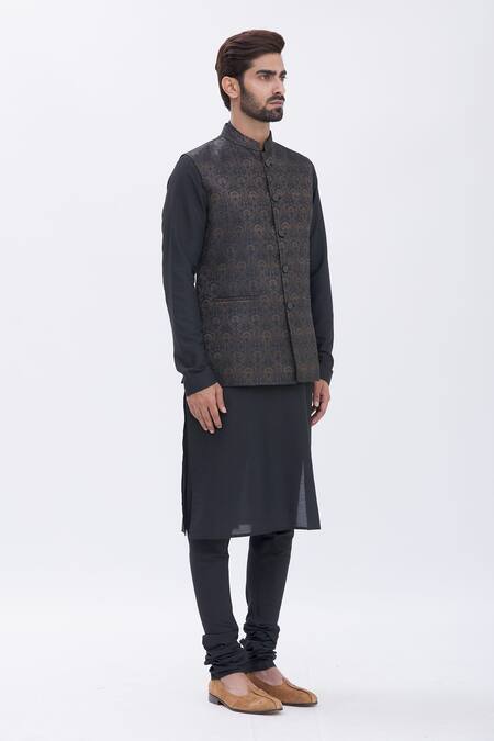 Manish Nagdeo_Black Bundi Brocade, Kurta And Churidar Cotton Silk Floral & Set _Online_at_Aza_Fashions