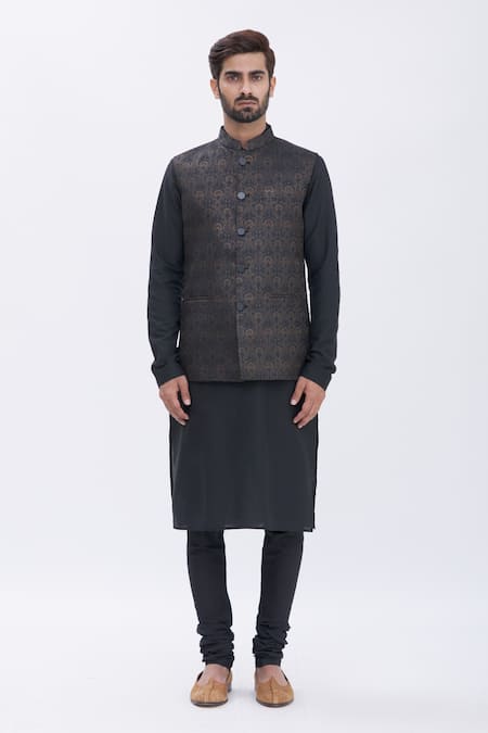 Buy_Manish Nagdeo_Black Bundi Brocade, Kurta And Churidar Cotton Silk Floral & Set _Online_at_Aza_Fashions