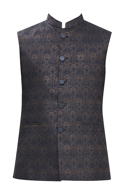 Shop_Manish Nagdeo_Black Bundi Brocade, Kurta And Churidar Cotton Silk Floral & Set _Online_at_Aza_Fashions