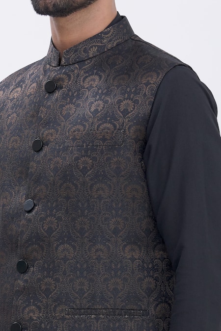 Manish Nagdeo_Black Bundi Brocade, Kurta And Churidar Cotton Silk Floral & Set _at_Aza_Fashions