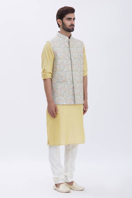 Aham-Vayam Yellow Silk, Cotton Floral Motifs Embroidered Bundi And Kurta Set Online at Aza Fashions Aham-Vayam_Yellow Silk, Cotton Floral Motifs Embroidered Bundi And Kurta Set _Online_at_Aza_Fashions