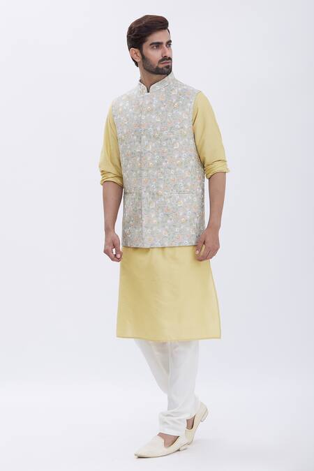 Buy Aham-Vayam Yellow Silk, Cotton Floral Motifs Embroidered Bundi And Kurta Set Online at Aza Fashions Buy_Aham-Vayam_Yellow Silk, Cotton Floral Motifs Embroidered Bundi And Kurta Set _Online_at_Aza_Fashions