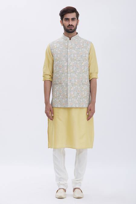 Shop Aham-Vayam Yellow Silk, Cotton Floral Motifs Embroidered Bundi And Kurta Set Online at Aza Fashions Shop_Aham-Vayam_Yellow Silk, Cotton Floral Motifs Embroidered Bundi And Kurta Set _Online_at_Aza_Fashions