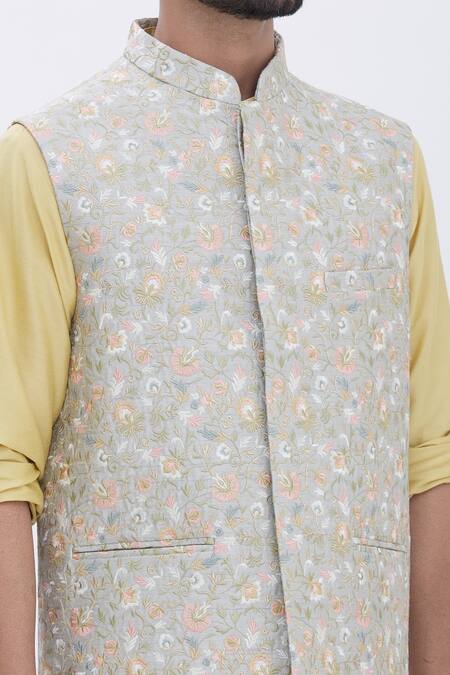 Aham-Vayam Yellow Silk, Cotton Floral Motifs Embroidered Bundi And Kurta Set at Aza Fashions Aham-Vayam_Yellow Silk, Cotton Floral Motifs Embroidered Bundi And Kurta Set _at_Aza_Fashions