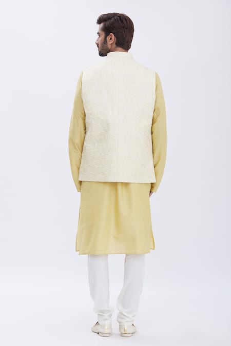 Shop_Aham-Vayam_Gold Silk, Cotton Mughal Embroidered Bundi And Kurta Set _at_Aza_Fashions