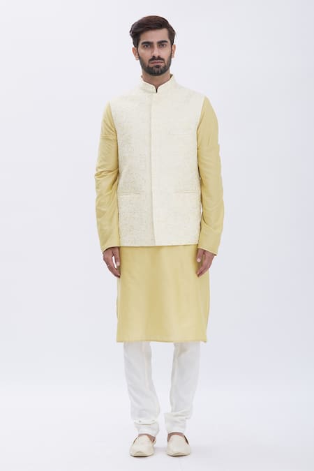 Aham-Vayam_Gold Silk, Cotton Mughal Embroidered Bundi And Kurta Set _Online_at_Aza_Fashions