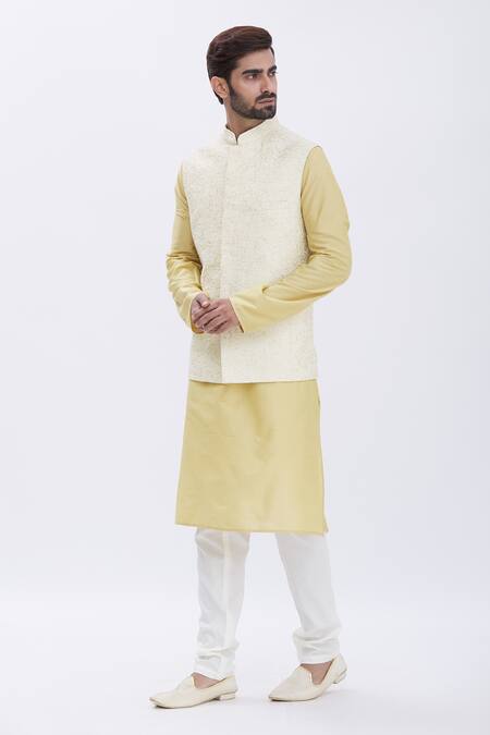 Buy_Aham-Vayam_Gold Silk, Cotton Mughal Embroidered Bundi And Kurta Set _Online_at_Aza_Fashions