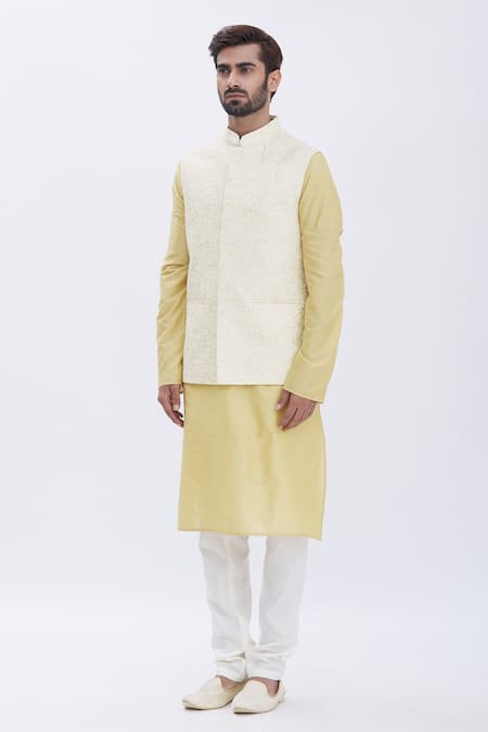 Shop_Aham-Vayam_Gold Silk, Cotton Mughal Embroidered Bundi And Kurta Set _Online_at_Aza_Fashions