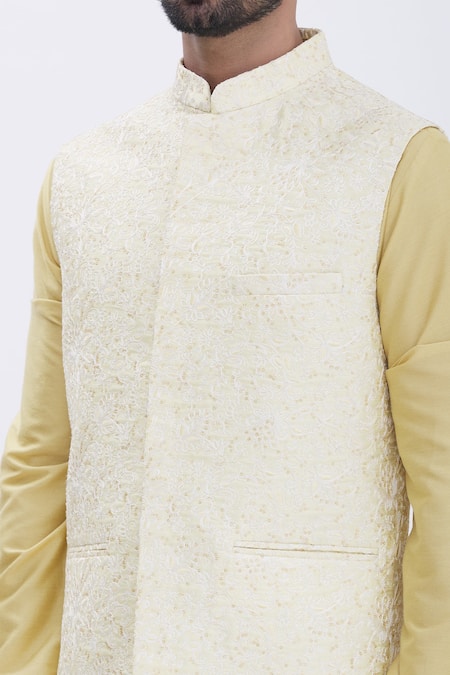 Aham-Vayam_Gold Silk, Cotton Mughal Embroidered Bundi And Kurta Set _at_Aza_Fashions