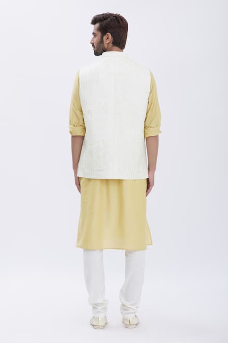 Shop_Aham-Vayam_Gold Silk, Cotton Geometric Motifs Embroidered Bundi And Kurta Set _at_Aza_Fashions