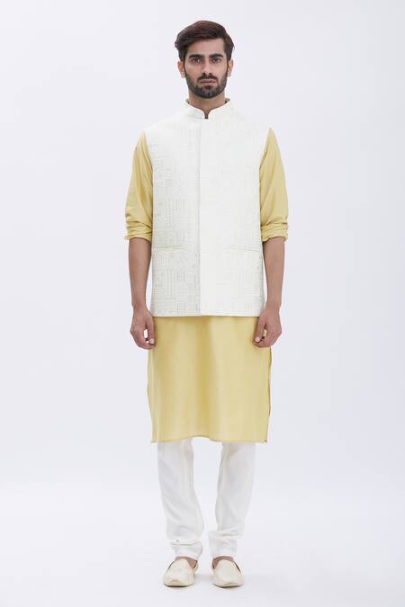 Aham-Vayam_Gold Silk, Cotton Geometric Motifs Embroidered Bundi And Kurta Set _Online_at_Aza_Fashions