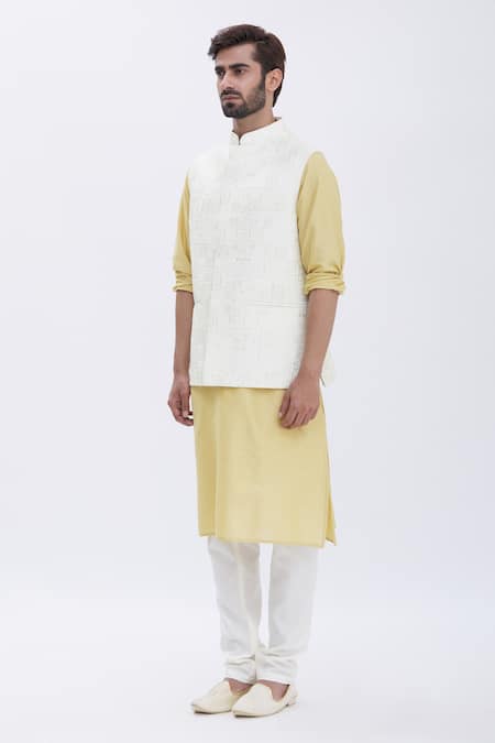 Shop_Aham-Vayam_Gold Silk, Cotton Geometric Motifs Embroidered Bundi And Kurta Set _Online_at_Aza_Fashions
