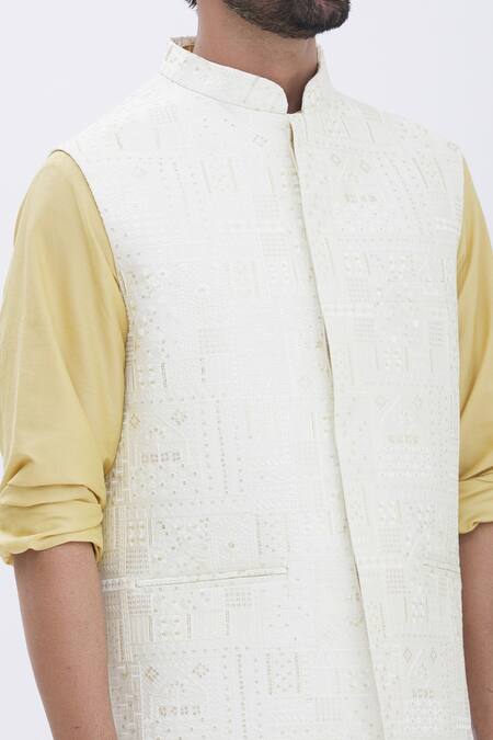 Aham-Vayam_Gold Silk, Cotton Geometric Motifs Embroidered Bundi And Kurta Set _at_Aza_Fashions
