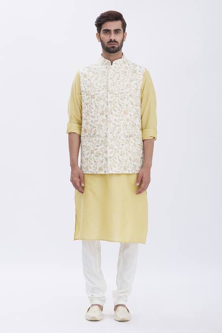 Aham-Vayam_Gold Silk, Cotton Floral Motifs Nawaab Embroidered Bundi And Kurta Set _Online_at_Aza_Fashions