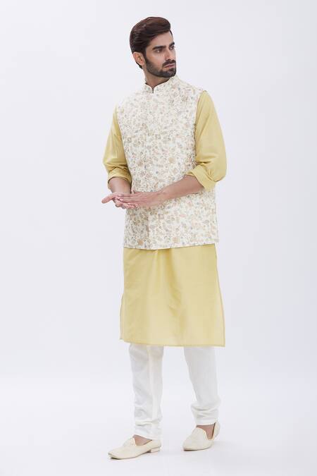 Buy_Aham-Vayam_Gold Silk, Cotton Floral Motifs Nawaab Embroidered Bundi And Kurta Set _Online_at_Aza_Fashions