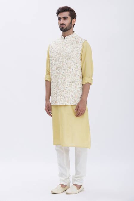 Shop_Aham-Vayam_Gold Silk, Cotton Floral Motifs Nawaab Embroidered Bundi And Kurta Set _Online_at_Aza_Fashions