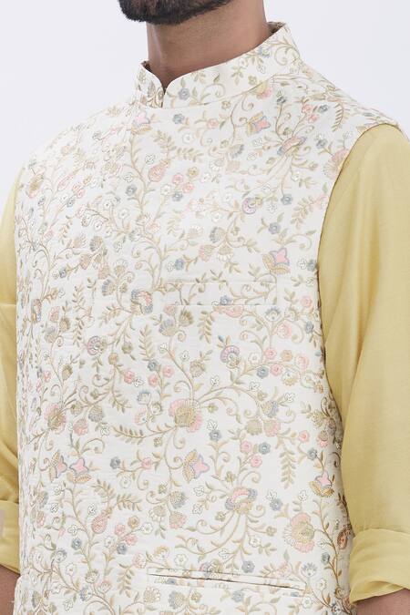 Aham-Vayam_Gold Silk, Cotton Floral Motifs Nawaab Embroidered Bundi And Kurta Set _at_Aza_Fashions