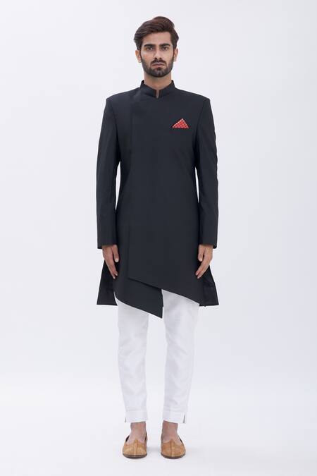 Aham-Vayam_Black Asymmetric Nawab Jacket _Online_at_Aza_Fashions