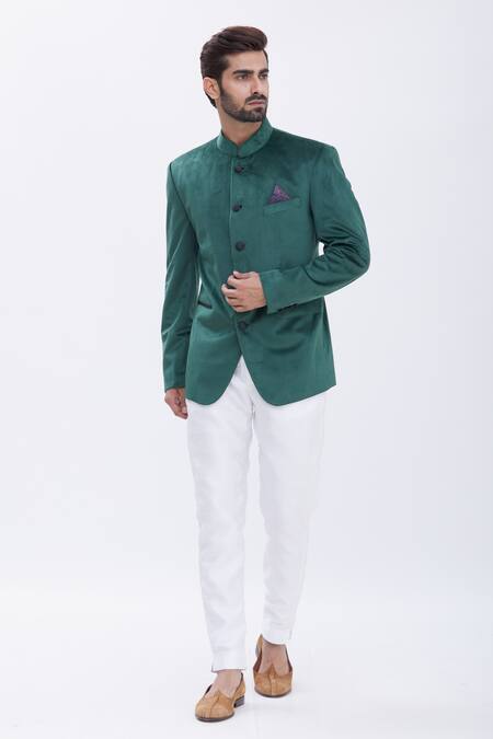 Aham-Vayam Green Cotton Velvet Bandhgala