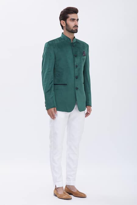 Aham-Vayam_Green Cotton Velvet Bandhgala _Online_at_Aza_Fashions