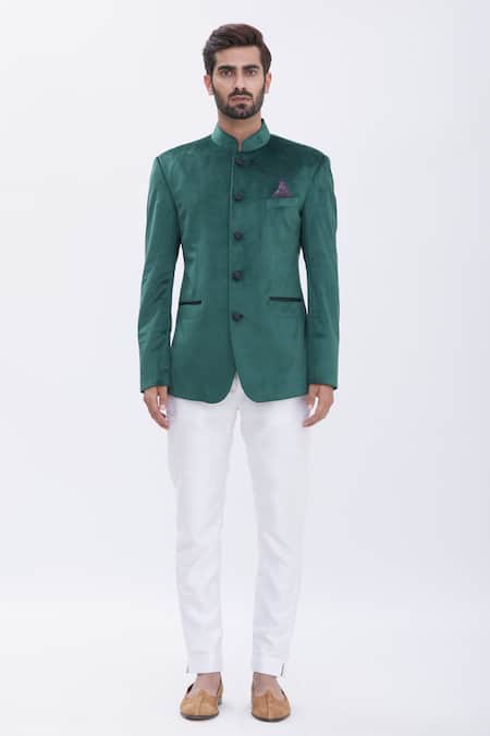 Shop_Aham-Vayam_Green Cotton Velvet Bandhgala _Online_at_Aza_Fashions