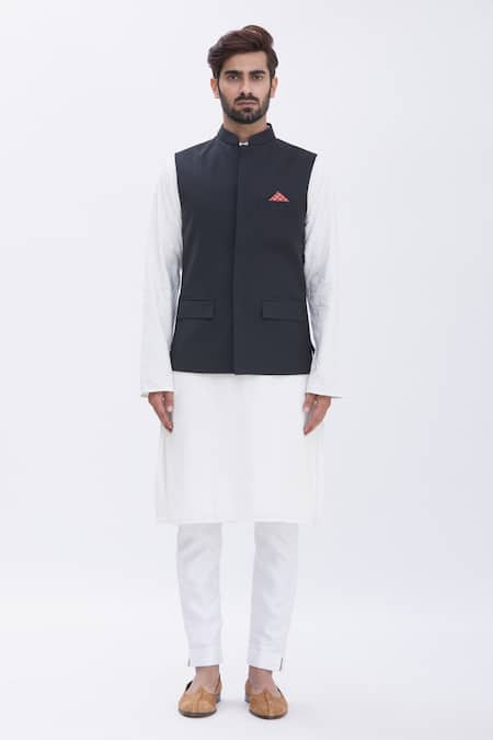 Aham-Vayam_Black Mandarin Collar Nehru Jacket _Online_at_Aza_Fashions