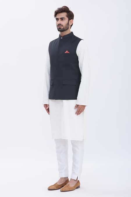 Shop_Aham-Vayam_Black Mandarin Collar Nehru Jacket _Online_at_Aza_Fashions