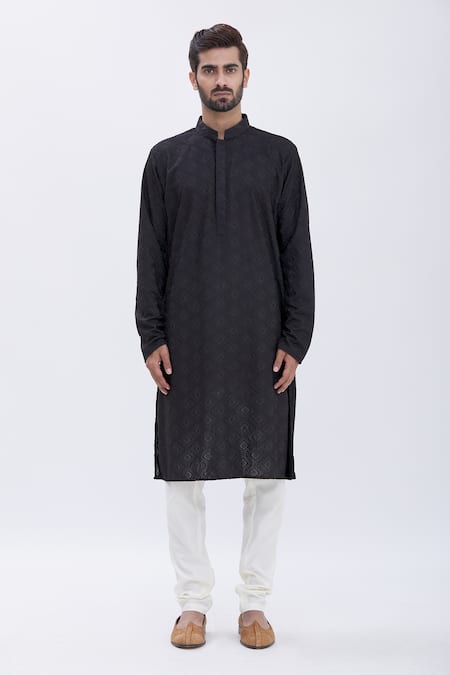 Aham-Vayam Black Cotton Blend Floral Motifs Embroidered Kurta Set Online at Aza Fashions Aham-Vayam_Black Cotton Blend Floral Motifs Embroidered Kurta Set_Online_at_Aza_Fashions