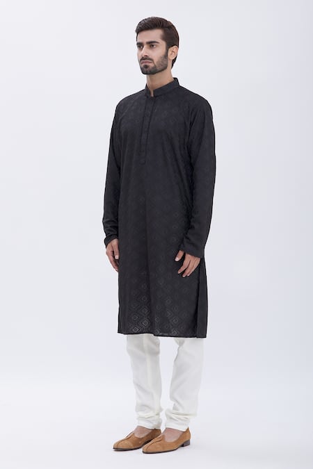 Shop Aham-Vayam Black Cotton Blend Floral Motifs Embroidered Kurta Set Online at Aza Fashions Shop_Aham-Vayam_Black Cotton Blend Floral Motifs Embroidered Kurta Set_Online_at_Aza_Fashions