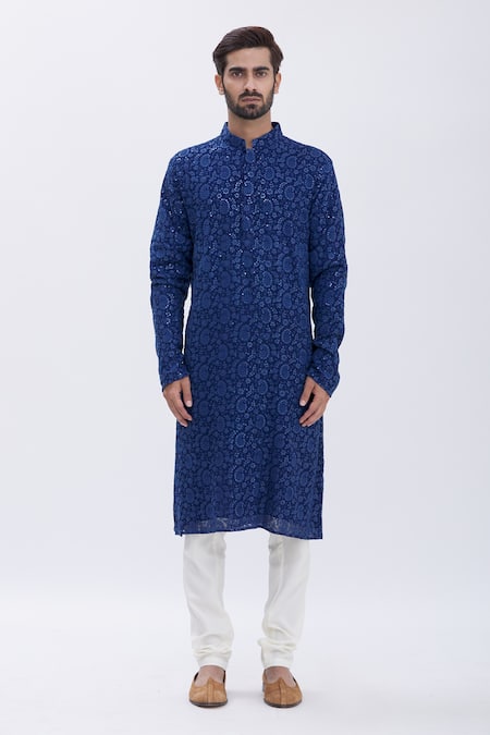 Aham-Vayam_Blue Cotton Blend Paisley Motifs Nakshi Embroidered Kurta Set _Online_at_Aza_Fashions