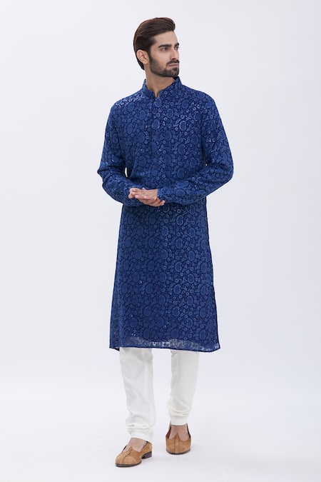 Buy_Aham-Vayam_Blue Cotton Blend Paisley Motifs Nakshi Embroidered Kurta Set _Online_at_Aza_Fashions