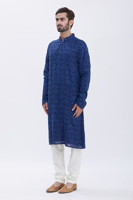 Shop_Aham-Vayam_Blue Cotton Blend Paisley Motifs Nakshi Embroidered Kurta Set _Online_at_Aza_Fashions