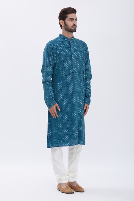 Aham-Vayam_Blue Cotton Blend Sequins Embellished Kurta Set _Online_at_Aza_Fashions