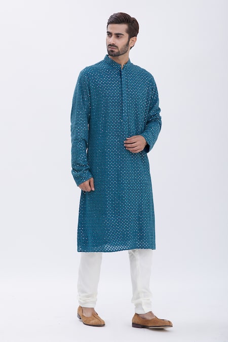 Buy_Aham-Vayam_Blue Cotton Blend Sequins Embellished Kurta Set _Online_at_Aza_Fashions