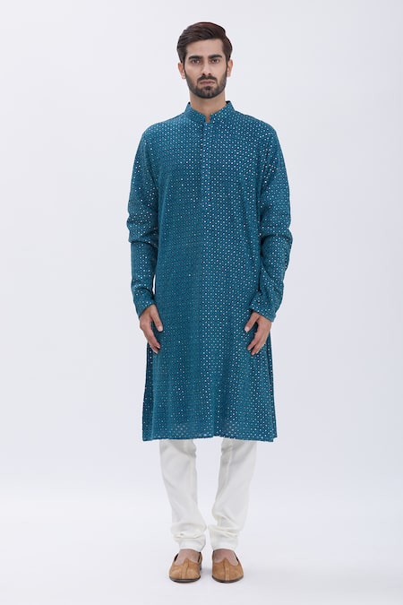 Shop_Aham-Vayam_Blue Cotton Blend Sequins Embellished Kurta Set _Online_at_Aza_Fashions