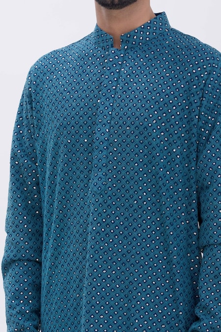 Aham-Vayam_Blue Cotton Blend Sequins Embellished Kurta Set _at_Aza_Fashions