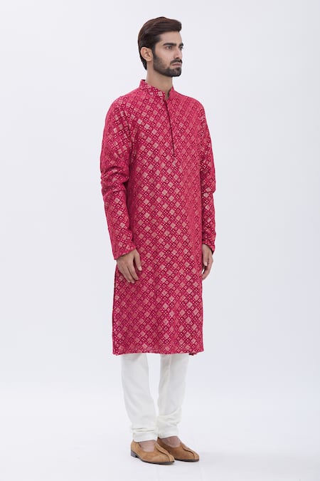 Aham-Vayam_Red Cotton Blend Sequins Embroidered Kurta Set _Online_at_Aza_Fashions