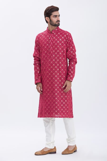 Buy_Aham-Vayam_Red Cotton Blend Sequins Embroidered Kurta Set _Online_at_Aza_Fashions