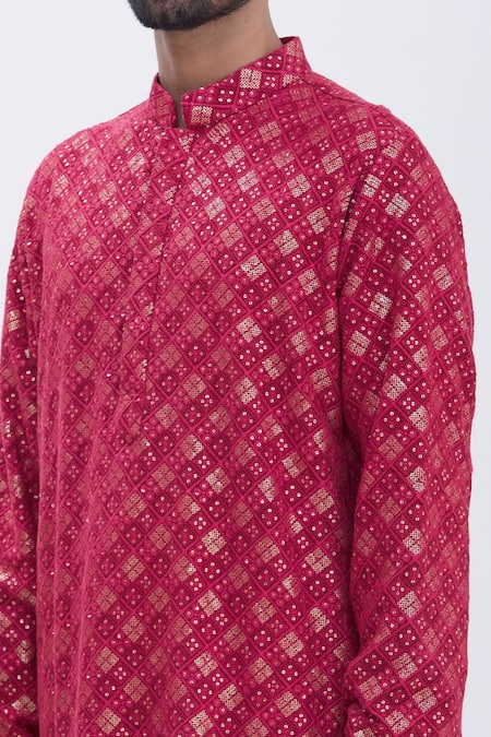 Aham-Vayam_Red Cotton Blend Sequins Embroidered Kurta Set _at_Aza_Fashions