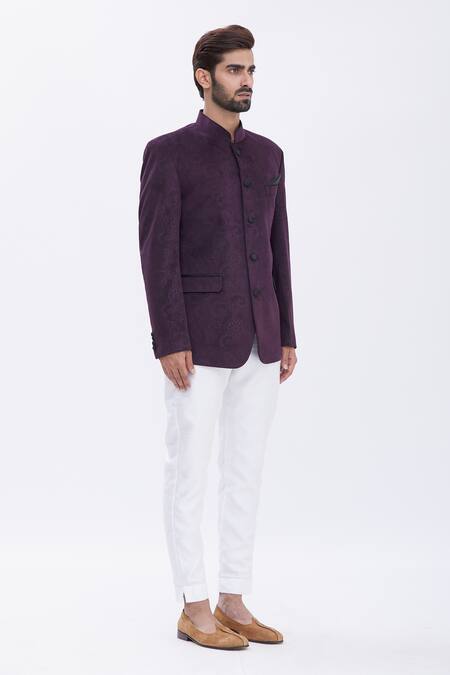 Aham-Vayam Purple Cotton Velvet Paisley Motifs Embossed Bandhgala Online at Aza Fashions Aham-Vayam_Purple Cotton Velvet Paisley Motifs Embossed Bandhgala _Online_at_Aza_Fashions