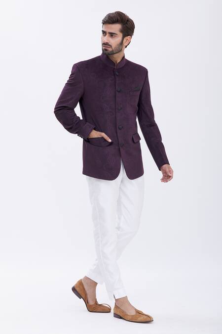 Buy Aham-Vayam Purple Cotton Velvet Paisley Motifs Embossed Bandhgala Online at Aza Fashions Buy_Aham-Vayam_Purple Cotton Velvet Paisley Motifs Embossed Bandhgala _Online_at_Aza_Fashions