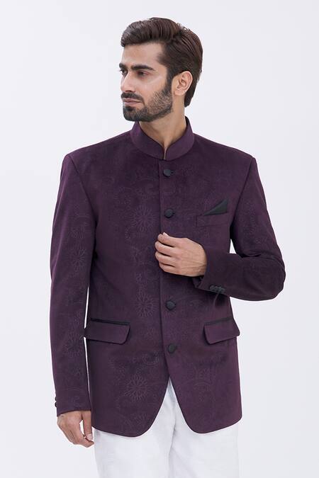 Shop Aham-Vayam Purple Cotton Velvet Paisley Motifs Embossed Bandhgala Online at Aza Fashions Shop_Aham-Vayam_Purple Cotton Velvet Paisley Motifs Embossed Bandhgala _Online_at_Aza_Fashions