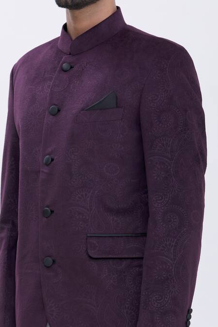 Aham-Vayam Purple Cotton Velvet Paisley Motifs Embossed Bandhgala at Aza Fashions Aham-Vayam_Purple Cotton Velvet Paisley Motifs Embossed Bandhgala _at_Aza_Fashions