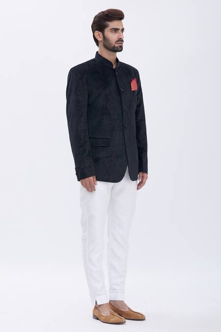 Aham-Vayam Black Cotton Velvet Paisley Motifs Embossed Bandhgala Online at Aza Fashions Aham-Vayam_Black Cotton Velvet Paisley Motifs Embossed Bandhgala _Online_at_Aza_Fashions