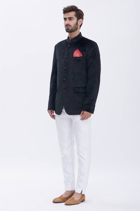 Shop Aham-Vayam Black Cotton Velvet Paisley Motifs Embossed Bandhgala Online at Aza Fashions Shop_Aham-Vayam_Black Cotton Velvet Paisley Motifs Embossed Bandhgala _Online_at_Aza_Fashions